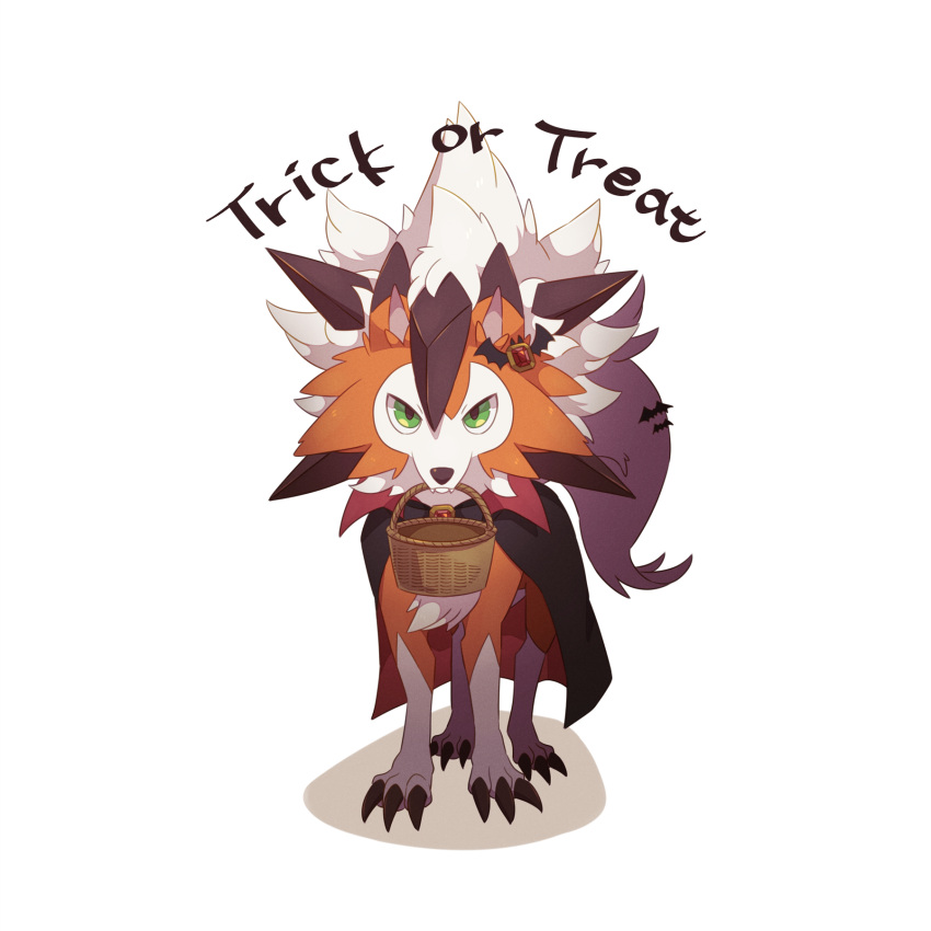 basket cape claws commentary_request full_body green_eyes halloween highres ktyon3 looking_at_viewer lycanroc lycanroc_(dusk) mouth_hold no_humans pokemon pokemon_(creature) solo standing white_background