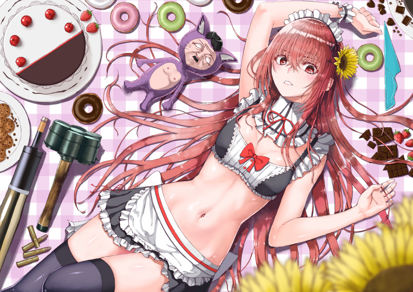 1girl absurdres adolf_hitler animal_ears apron arm_up bangs bikini black_skirt black_thighhighs bow breasts cake candy cartridge cat_boy cat_ears cherry chocolate chocolate_chip_cookie collar cookie detached_collar doughnut explosive facial_hair flower food frilled_bikini frilled_collar frills fruit grenade hair_between_eyes hair_flower hair_ornament heart heart-shaped_chocolate highres ki-16 knee_up knife long_hair lying maid maid_apron maid_bikini maid_headdress mustache navel neck_ribbon nipples on_back original parted_lips plate purple_fur red_bow red_eyes red_hair red_ribbon ribbon shell_casing skirt small_breasts stielhandgranate strawberry sunflower swimsuit thighhighs toothbrush_mustache yellow_flower