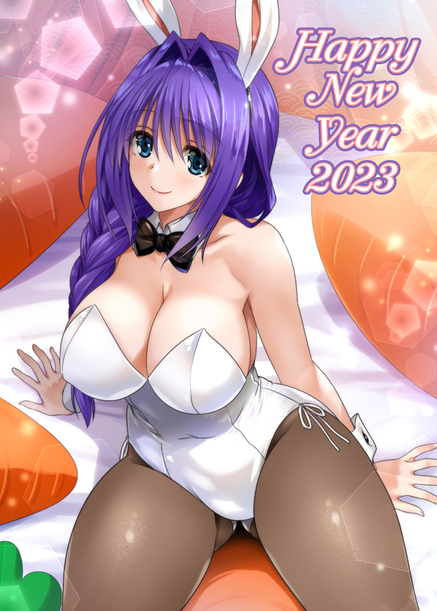 1girl 2023 animal_ears ass_visible_through_thighs bangs bare_shoulders black_bow black_bowtie black_pantyhose blue_eyes blush bow bowtie braid braided_ponytail breasts carrot chinese_zodiac cleavage closed_mouth covered_nipples curvy detached_collar hair_between_eyes hair_intakes hair_over_shoulder happy_new_year highres kanon large_breasts leotard lips long_hair looking_at_viewer mature_female minase_akiko mitarashi_kousei new_year pantyhose playboy_bunny purple_hair rabbit_ears single_braid sitting smile solo strapless strapless_leotard white_leotard wrist_cuffs year_of_the_rabbit