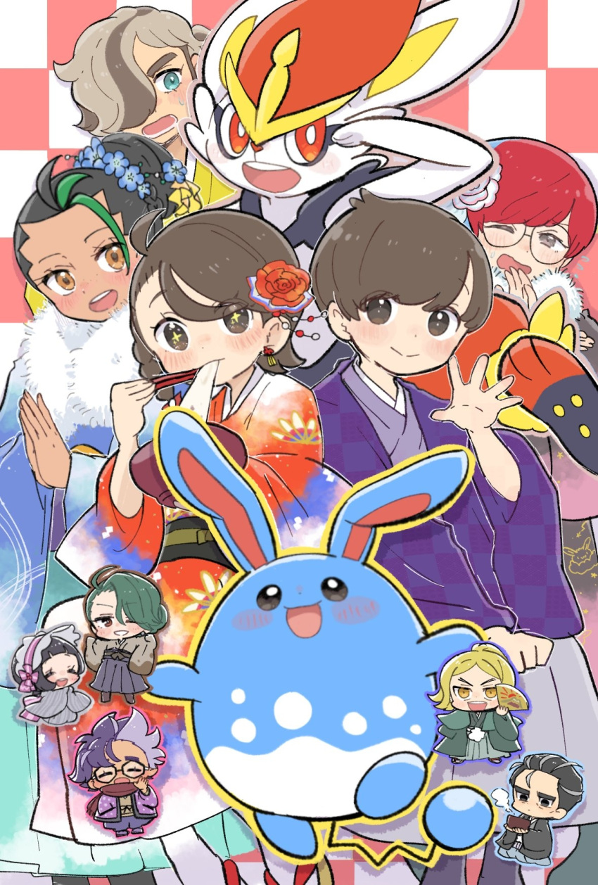 5boys 5girls alternate_costume arven_(pokemon) azumarill bangs blush braid brown_eyes brown_hair chinese_zodiac cinderace closed_mouth commentary_request dark-skinned_female dark_skin eating eyelashes florian_(pokemon) flower glasses green_eyes hair_flower hair_ornament hand_up hassel_(pokemon) highres holding jacq_(pokemon) japanese_clothes juliana_(pokemon) kimono larry_(pokemon) multiple_boys multiple_girls nemona_(pokemon) open_mouth orange_flower own_hands_together partial_commentary penny_(pokemon) pokemon pokemon_(creature) pokemon_(game) pokemon_sv ponytail poppy_(pokemon) red_hair rika_(pokemon) round_eyewear smile teeth textless_version tyokamaru upper_teeth_only wide_sleeves year_of_the_rabbit