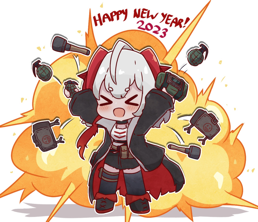 &gt;_&lt; 1girl 2023 :d arknights black_footwear black_jacket black_skirt black_thighhighs blush breasts claymore_(mine) closed_eyes commentary english_commentary english_text explosion explosive facing_viewer full_body grenade grey_hair happy_new_year highres holding jacket kurotofu long_hair medium_breasts mine_(weapon) multicolored_hair open_clothes open_jacket red_hair shoes short_eyebrows simple_background skirt smile solo stielhandgranate streaked_hair tank_top thick_eyebrows thighhighs very_long_hair w_(arknights) white_background white_tank_top xd