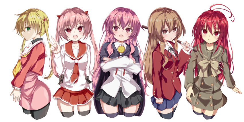 5girls :o aisaka_taiga altema antenna_hair arm_behind_back bangs black_cape black_pantyhose black_ribbon black_skirt black_thighhighs blazer blonde_hair blue_skirt blush bokken bolo_tie breasts brooch brown_eyes brown_hair buttons cape closed_mouth collared_shirt commentary cowboy_shot crossed_arms double-breasted dress fang green_eyes green_sailor_collar green_serafuku green_shirt green_skirt hair_between_eyes hair_ornament hand_up hayate_no_gotoku! hidan_no_aria highres jacket jewelry kanzaki_h._aria kugimiya_rie long_hair long_sleeves looking_at_viewer looking_to_the_side louise_francoise_le_blanc_de_la_valliere misaki_high_school_uniform multiple_girls neck_ribbon neckerchief necktie open_mouth own_hands_clasped own_hands_together pantyhose parted_lips pendant pentagram pink_dress pink_hair pleated_skirt red_eyes red_hair red_jacket red_necktie red_sailor_collar red_skirt ribbon sailor_collar sanzen'in_nagi school_uniform serafuku shakugan_no_shana shana shirt simple_background skirt small_breasts smile sword thighhighs toradora! trait_connection twintails v v-shaped_eyebrows voice_actor_connection weapon white_background white_sailor_collar white_shirt wooden_sword yellow_neckerchief zero_no_tsukaima zettai_ryouiki