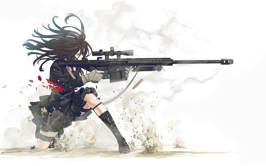black_hair dust formal gloves gun highres knee_highs kneehighs petals rifle sniper_rifle suit weapon