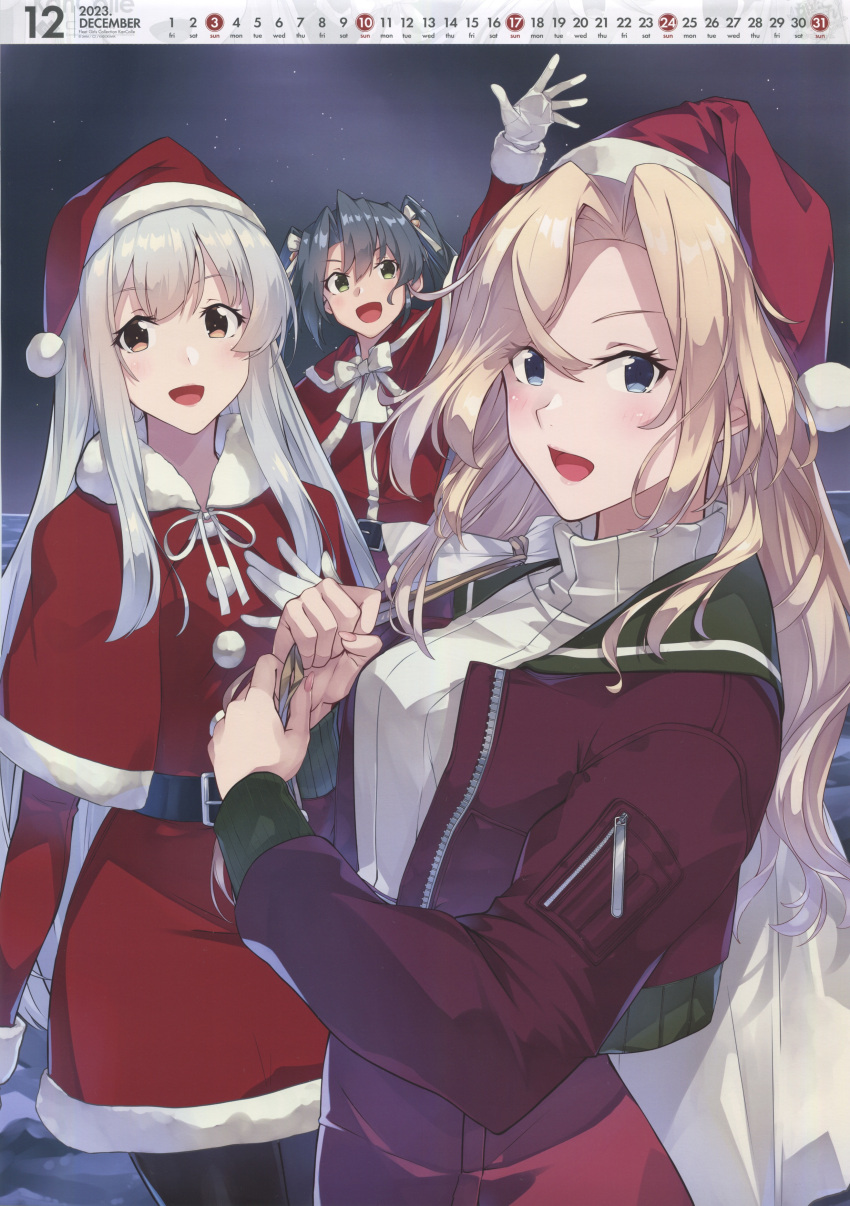 3girls absurdres belt black_belt black_pantyhose blonde_hair blue_eyes blush brown_eyes calendar_(medium) capelet christmas december fingernails gloves green_eyes green_hair hair_ribbon hat highres hornet_(kancolle) image_sample kantai_collection konishi_(koconatu) long_hair long_sleeves looking_at_viewer multiple_girls night night_sky official_art open_mouth pantyhose pom_pom_(clothes) red_capelet red_headwear ribbed_sweater ribbon sack santa_costume santa_hat scan shoukaku_(kancolle) sky smile sweater turtleneck turtleneck_sweater twintails white_gloves white_hair white_ribbon white_sweater yandere_sample zuikaku_(kancolle)