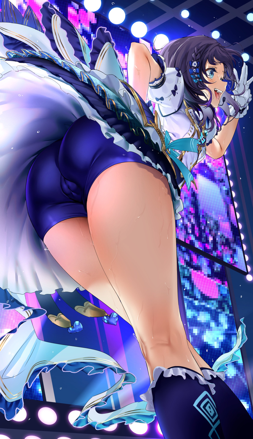 1girl absurdres aiba_uiha ass ass_focus bangs bike_shorts blue_bow blue_eyes blue_shirt bow boyshort_panties braid braided_bangs buttons cameltoe collared_dress double-breasted dress flying_sweatdrops foreshortening frilled_gloves frilled_skirt frills from_below gloves hair_bow highres idol idol_clothes kneehighs kneepits layered_skirt leaning_to_the_side legs long_hair nijisanji open_mouth puffy_short_sleeves puffy_sleeves purple_hair sanuki_(kyoudashya) shirt short_sleeves shorts shorts_under_skirt side_braid skirt smile socks solo stage stage_lights sweat teeth thighs underwear upper_teeth_only upskirt virtual_youtuber white_dress white_gloves
