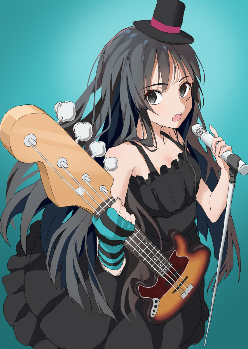 1girl akiyama_mio bass_guitar black_dress black_hair dress fingerless_gloves frilled_dress frills from_above gloves gradient gradient_background grey_eyes hat he_shan123 highres holding holding_instrument instrument k-on! long_hair microphone microphone_stand open_mouth solo top_hat