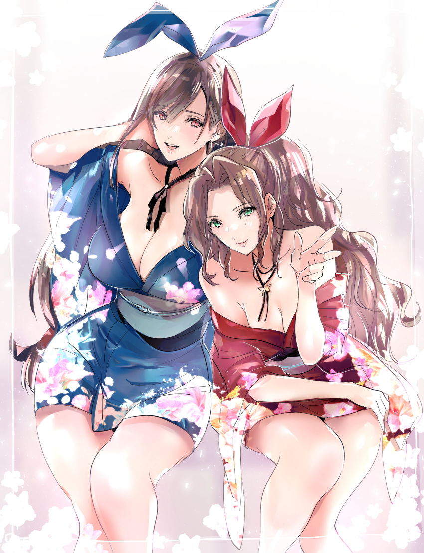 2girls :d absurdres aerith_gainsborough alternate_costume animal_ears black_hair blue_bow bow breasts brown_hair final_fantasy final_fantasy_vii floral_print green_eyes hair_bow hair_intakes hand_on_own_cheek hand_on_own_face highres japanese_clothes kimono large_breasts long_hair looking_at_viewer medium_breasts multiple_girls open_mouth parted_lips red_bow red_eyes shoji_sakura sitting smile thighs tifa_lockhart w