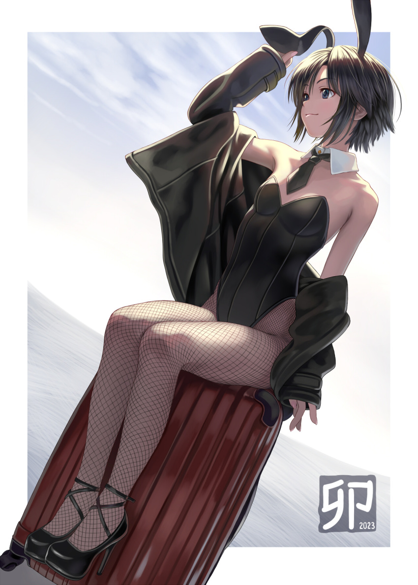 1girl 2023 alternate_costume arm_up bare_shoulders black_eyes black_footwear black_hair black_jacket black_leotard black_necktie border breasts brown_pantyhose closed_mouth cloud cloudy_sky commentary day detached_collar fishnet_pantyhose fishnets full_body high_heels highres idolmaster idolmaster_(classic) jacket kikuchi_makoto legs leotard long_sleeves looking_away looking_to_the_side necktie nekopuchi new_year off_shoulder open_clothes open_jacket outdoors outside_border pantyhose playboy_bunny short_hair sitting sky small_breasts smile solo suitcase white_border