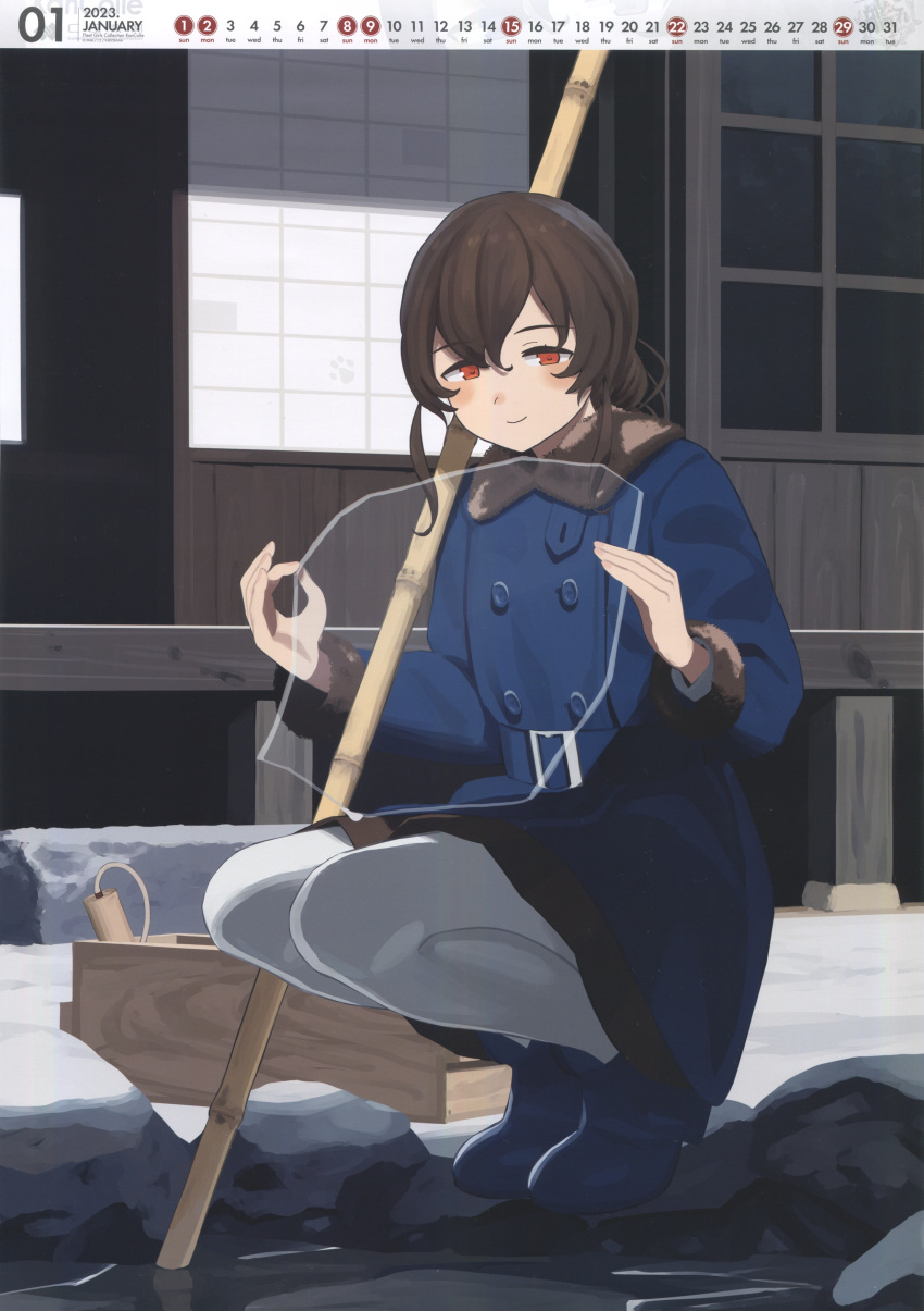 1girl absurdres bamboo belt blue_belt blue_coat blue_footwear blush boots brown_hair calendar_(medium) closed_mouth coat highres ice image_sample january kantai_collection long_hair long_sleeves official_art orange_eyes pantyhose scan shibafu_(glock23) smile solo souya_(kancolle) white_pantyhose yandere_sample