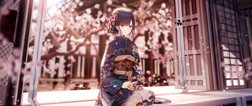 1girl absurdres atha_(leejuiping) bangs black_hair black_kimono blurry blurry_background blurry_foreground branch brown_eyes cherry_blossoms commentary_request day depth_of_field highres holding holding_branch japanese_clothes kimono long_sleeves looking_away obi original outdoors parted_lips sash solo wide_sleeves