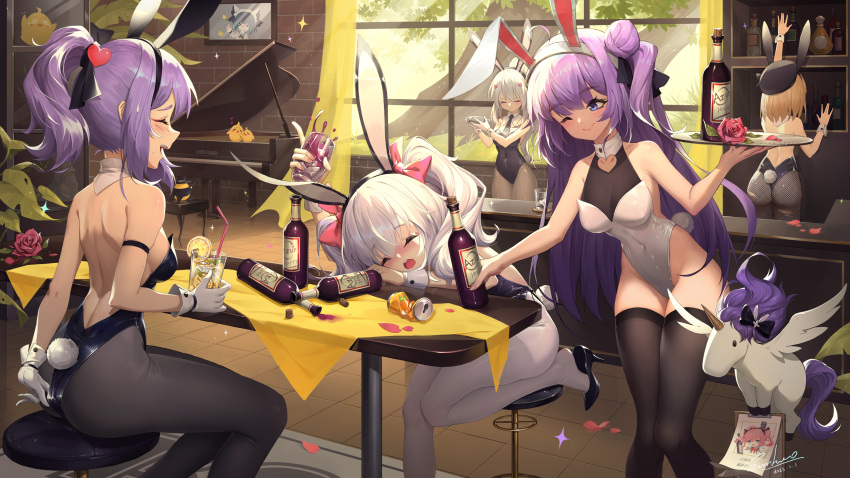 5girls absurdres alternate_costume animal_ears ass ayanami_(azur_lane) azur_lane bar_stool bare_back beret black_footwear black_headwear black_leotard black_necktie black_pantyhose black_thighhighs blue_eyes bottle bow breasts character_portrait cheshire_(azur_lane) chinese_zodiac closed_eyes clothing_cutout detached_collar drunk fake_animal_ears fake_tail fishnet_pantyhose fishnets from_behind gloves grey_hair grey_pantyhose hair_bow hair_bun hat high_heels highres holding holding_tray indoors instrument javelin_(azur_lane) laffey_(azur_lane) leaning_forward leotard leotard_pull light_brown_hair manjuu_(azur_lane) medium_breasts medium_hair multiple_girls necktie one_eye_closed open_mouth oversized_breast_cup panties pantyhose piano pink_bow pink_hair playboy_bunny ponytail pulled_by_self purple_hair rabbit_ears rabbit_tail red_wine saratoga_(azur_lane) shoes sitting skindentation small_breasts standing stool strapless strapless_leotard stuffed_winged_unicorn table tail thighhighs tile_floor tiles tray underwear unicorn_(azur_lane) white_gloves white_hair white_leotard white_panties window wine_bottle wrist_cuffs xiaoxiao_nanjue_buyaokeng year_of_the_rabbit z23_(azur_lane)