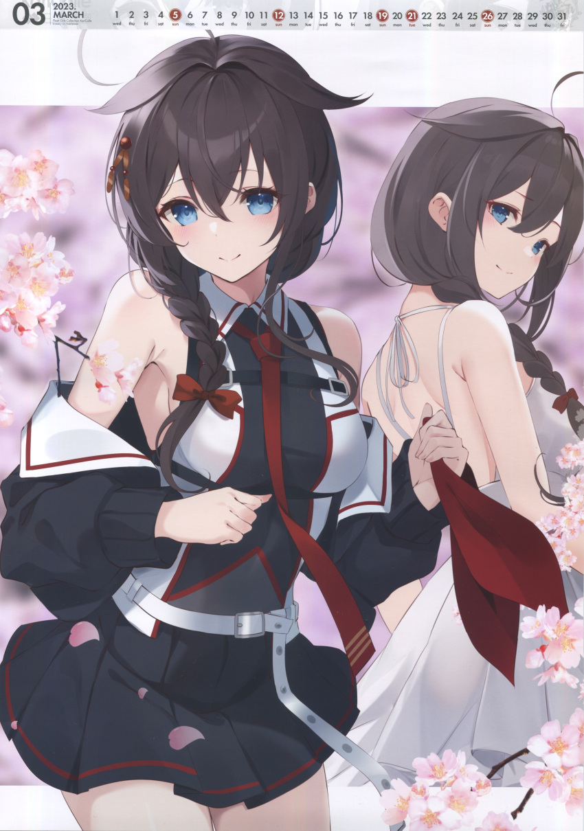 2girls absurdres ahoge belt black_skirt blue_eyes blush braid brown_hair calendar_(medium) cherry_blossoms closed_mouth dress dual_persona hair_flaps highres image_sample kantai_collection kujou_ichiso long_hair march multiple_girls necktie official_art petals pleated_skirt red_necktie scan shigure_(kancolle) shigure_kai_ni_(kancolle) single_braid skirt smile white_belt white_dress yandere_sample