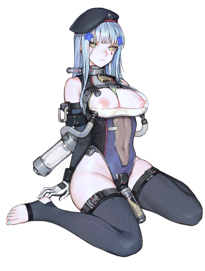 1girl absurdres aqua_nails bangs beret black_headwear blue_hair blue_nails blue_thighhighs blunt_bangs breasts commentary covered_navel elbow_gloves facial_mark feet girls'_frontline gloves green_eyes hat highres hk416_(girls'_frontline) iuui lactation large_areolae large_breasts legs leotard light_blue_hair long_hair looking_at_viewer milking_machine nail_polish nipples no_shoes paid_reward_available parted_lips puffy_nipples restrained see-through simple_background sitting solo stirrup_legwear thighhighs toeless_legwear toenail_polish toenails toes wariza white_background
