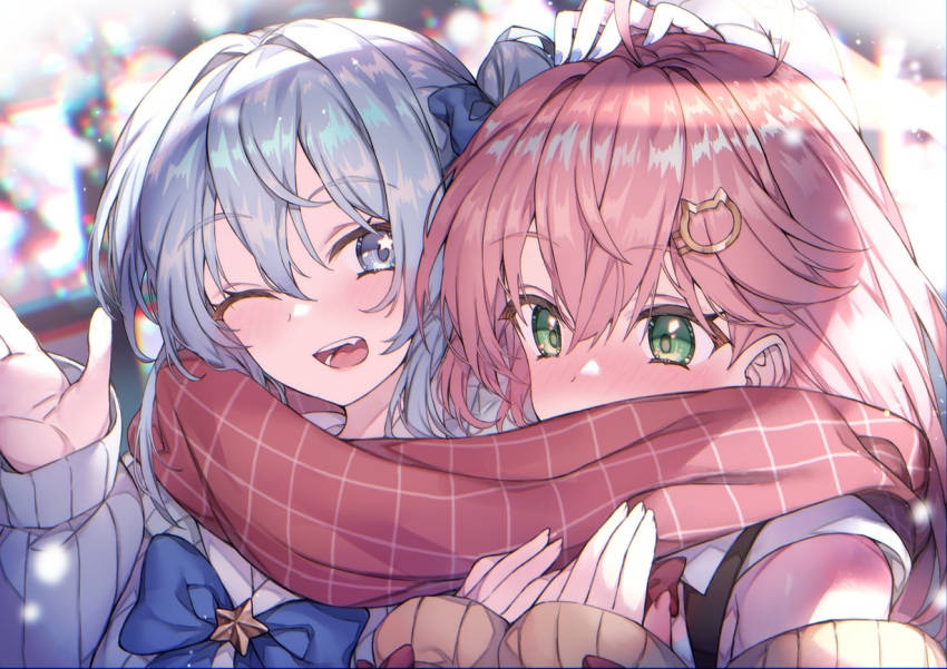 2girls blue_eyes blue_hair commentary english_commentary green_eyes hair_ornament hololive hoshimachi_suisei looking_to_the_side multiple_girls open_mouth pink_hair red_scarf redcomet sakura_miko scarf shared_clothes shared_scarf smile star_(symbol) star_in_eye symbol_in_eye teeth upper_teeth_only virtual_youtuber