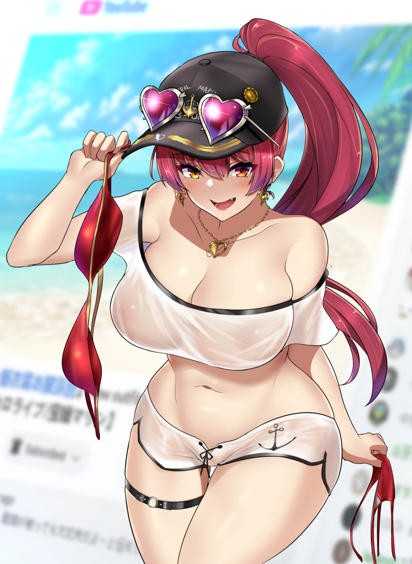 1girl absurdres altronage bare_shoulders baseball_cap bikini_bottom_removed bikini_top_removed blush breasts commentary_request commission cowboy_shot earrings eyewear_on_head fangs hat heart heart-shaped_eyewear heart_earrings heterochromia highres holding holding_clothes holding_swimsuit hololive houshou_marine jewelry large_breasts long_hair navel nipples no_bra no_panties off-shoulder_shirt off_shoulder open_mouth ponytail red_eyes red_hair revealing_clothes see-through shirt smile solo swimsuit thighlet virtual_youtuber yellow_eyes