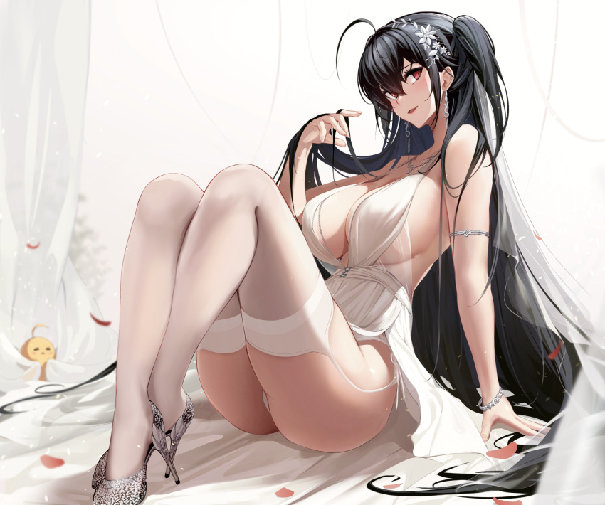1girl ahoge azur_lane backless_dress backless_outfit bangs bird black_hair breasts center_opening cocktail_dress crossed_bangs dress full_body garter_straps hair_strand highres hummingbird jewelry large_breasts long_hair looking_at_viewer necklace official_alternate_costume red_eyes rikiddo_(tise_00) satin_dress see-through see-through_dress sideboob silver_footwear sitting sleeveless sleeveless_dress solo taihou_(azur_lane) taihou_(temptation_on_the_sea_breeze)_(azur_lane) thighhighs thong underwear very_long_hair wedding_dress white_dress white_garter_straps white_thighhighs