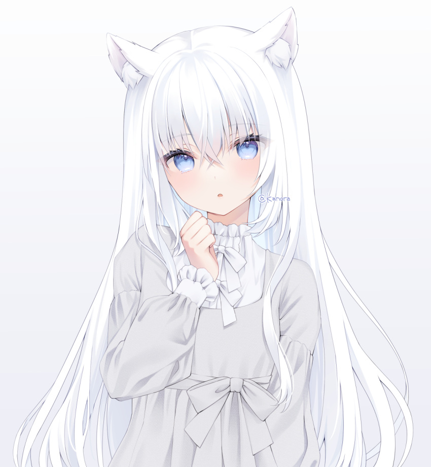 1girl animal_ears blue_eyes cat_ears cat_girl dress grey_background grey_dress highres kanora long_hair long_sleeves looking_at_viewer original parted_lips puffy_long_sleeves puffy_sleeves shirt white_hair white_shirt