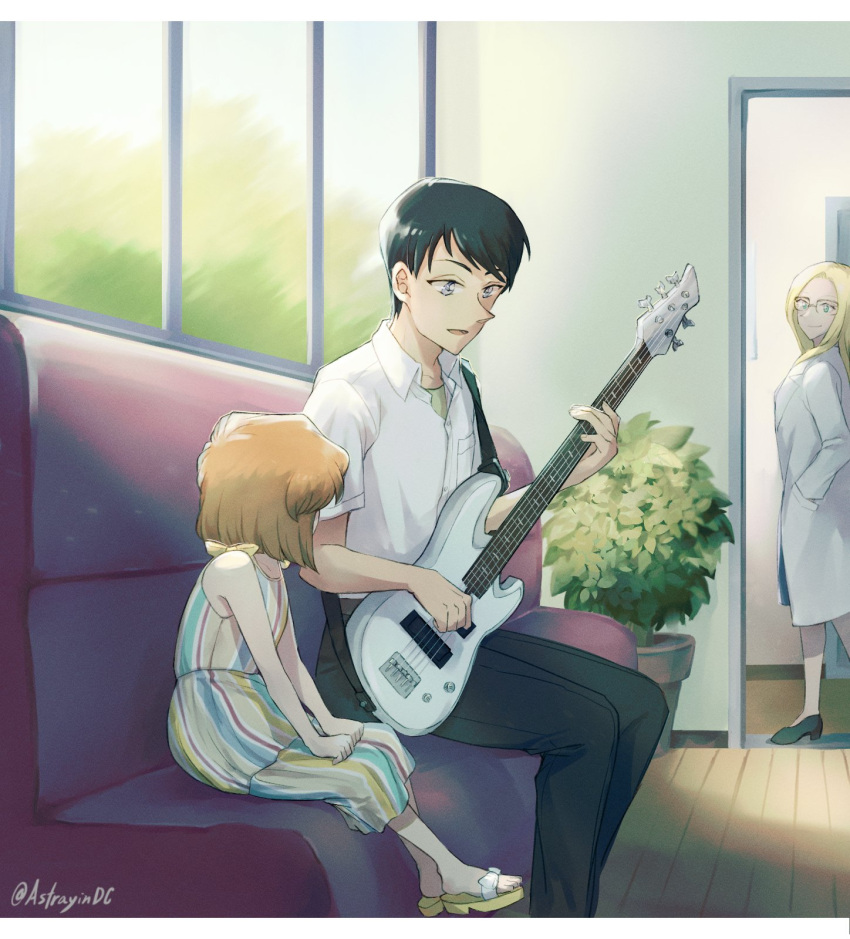 1boy 2girls aged_down astrayin bangs bare_arms bare_shoulders black_hair brown_hair commentary couch dress guitar haibara_ai highres holding holding_instrument indoors instrument labcoat meitantei_conan miyano_elena multiple_girls music playing_instrument scotch_(meitantei_conan) shiny shiny_hair shirt shoes short_hair sitting striped striped_dress symbol-only_commentary white_shirt window