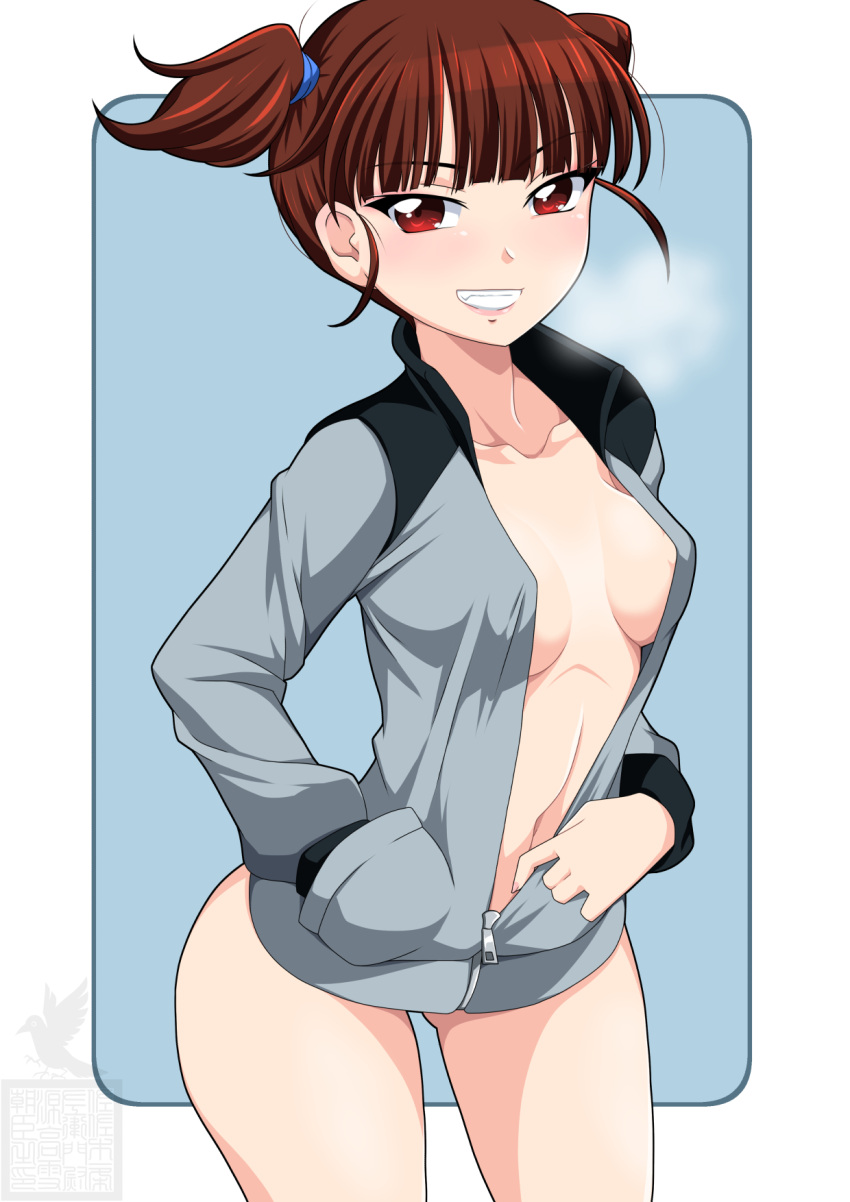 1girl areola_slip artist_logo ass_visible_through_thighs bangs bird black_jacket blue_background blue_jacket blunt_bangs blush breasts breath collarbone commentary cowboy_shot girls_und_panzer grin hair_up hand_in_pocket highres ichijou_takakiyo jacket keizoku_military_uniform light_blush lips long_sleeves looking_at_viewer medium_breasts midriff mikko_(girls_und_panzer) naked_jacket navel no_pants no_shirt open_clothes open_jacket opened_by_self outside_border partially_unzipped red_eyes red_hair seal_script short_twintails smile solo standing twintails zipper zipper_pull_tab