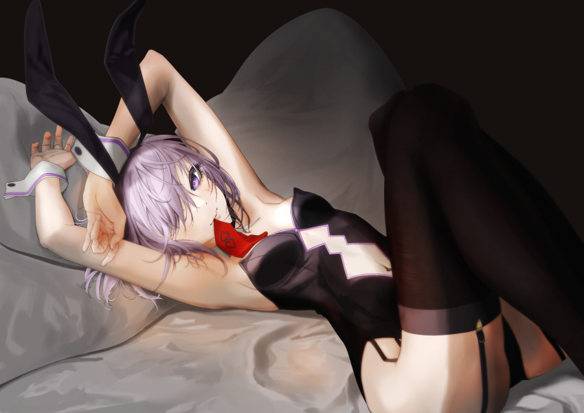 1girl absurdres animal_ears armpits black_thighhighs closed_mouth commission detached_collar fate/grand_order fate_(series) hair_over_one_eye highres looking_at_viewer mash_kyrielight mouth_hold necktie on_bed playboy_bunny purple_eyes purple_hair rabbit_ears red_necktie skeb_commission smile thighhighs wrist_cuffs yyano4691