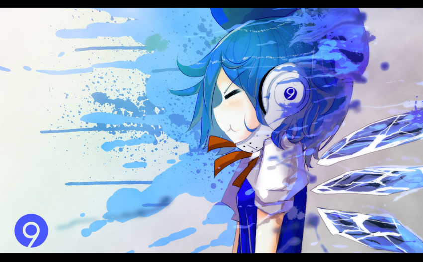 1girl beats_by_dr._dre blue_bow blue_skirt blush boldblade bow cirno closed_eyes detached_wings dress fairy from_side hair_bow headphones ice ice_wings pout ribbon shirt short_hair short_sleeves skirt solo touhou white_shirt wings