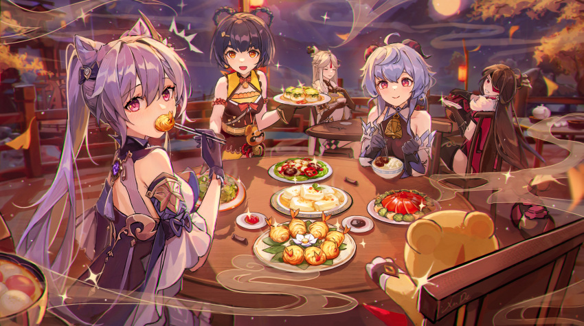 5girls absurdres ahoge almond_tofu_(genshin_impact) bangs bare_shoulders beidou_(genshin_impact) black_hair blue_hair brown_thighhighs chair chopsticks closed_eyes closed_mouth detached_sleeves double_bun eating food ganyu_(genshin_impact) genshin_impact gloves goat_horns golden_shrimp_balls_(genshin_impact) guoba_(genshin_impact) hair_bun highres horns jade_parcels_(genshin_impact) keqing_(genshin_impact) long_hair looking_at_viewer multiple_girls ningguang_(genshin_impact) orange_eyes purple_eyes purple_gloves purple_hair qingce_stir_fry_(genshin_impact) sitting smile table thighhighs twintails vegetarian_abalone_(genshin_impact) white_hair xiangling_(genshin_impact) xude