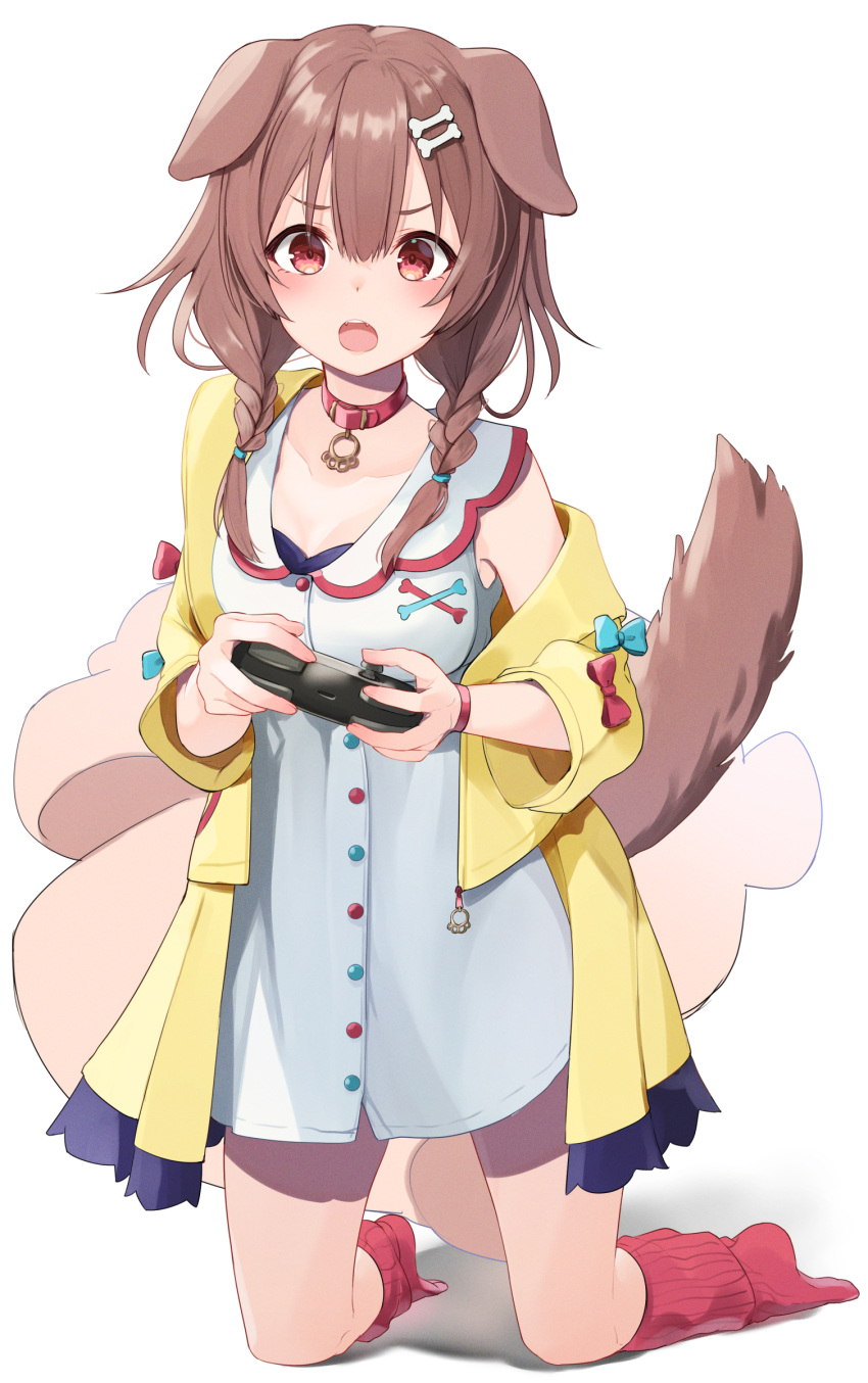 1girl absurdres animal_ears bone_hair_ornament breasts brown_hair cartoon_bone cleavage collar controller dog_ears dog_girl dog_tail game_controller hair_ornament highres holding holding_controller holding_game_controller hololive inugami_korone kneeling large_breasts listener_(inugami_korone) looking_at_viewer red_collar short_hair simple_background solo tail virtual_youtuber white_background yuuzuki_(re'ef)