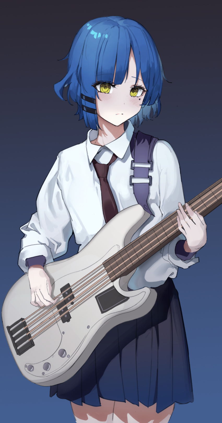 1girl asymmetrical_bangs bangs bass_guitar black_necktie black_skirt blue_background blue_hair bocchi_the_rock! closed_mouth collared_shirt dark_background fender_precision_bass gradient gradient_background highres holding holding_instrument instrument long_hair maanu mole mole_under_eye music necktie playing_instrument pleated_skirt shirt short_hair skirt solo white_shirt yamada_ryou yellow_eyes