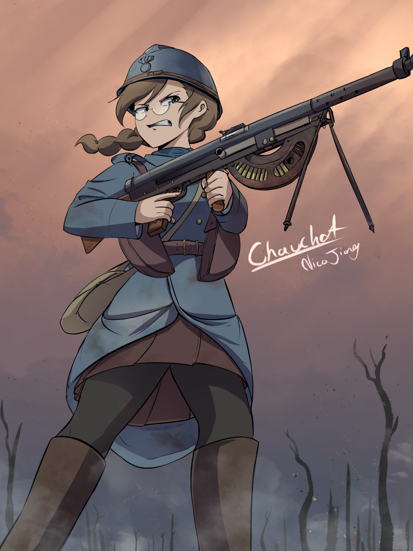 1girl absurdres adrian_helmet ammunition_pouch artist_name bag bare_tree belt bipod black_pants blue_headwear blue_jacket braid braided_ponytail brown_bag brown_belt brown_footwear brown_hair brown_shirt buttons chauchat clenched_teeth clothing_request combat_helmet commentary double-breasted finger_on_trigger france french_army french_commentary french_text from_below glasses gradient_sky green_eyes gun haze highres holding holding_gun holding_weapon jacket long_sleeves looking_away machine_gun military military_jacket military_uniform mixed-language_commentary nico_jiang open_mouth original outdoors pants pouch round_eyewear shirt shoulder_bag sky soldier solo teeth tree uniform weapon weapon_name world_war_i