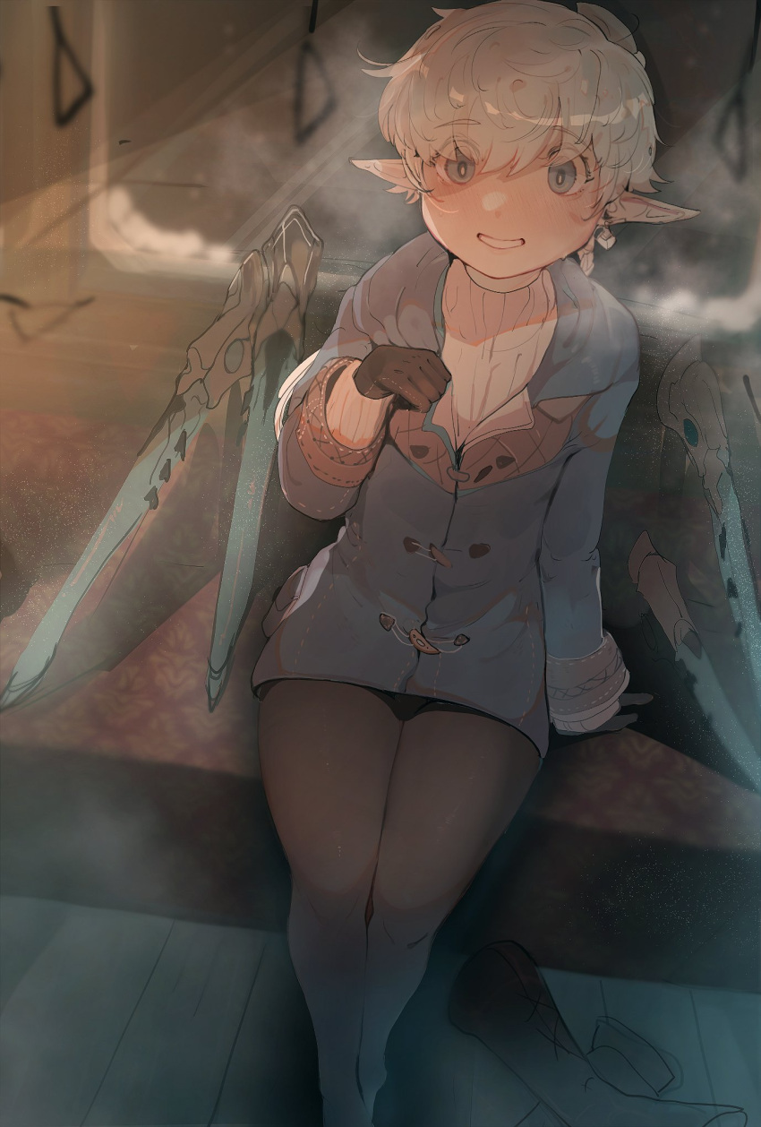 1boy bangs black_gloves black_pantyhose blonde_hair blue_eyes blush byefrog earrings eyes_visible_through_hair gloves highres jacket jewelry long_sleeves looking_at_viewer original pantyhose pointy_ears short_hair sitting smile sweater teeth turtleneck turtleneck_sweater