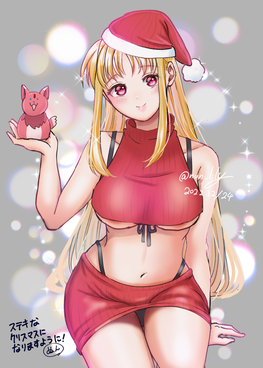 1girl arf bangs bikini bikini_under_clothes blonde_hair breasts character_doll christmas closed_mouth commentary cropped_sweater dated fate_testarossa front-tie_bikini_top front-tie_top halterneck hat highleg highleg_bikini highres holding holding_stuffed_toy long_hair looking_at_viewer lyrical_nanoha mahou_shoujo_lyrical_nanoha_strikers miniskirt navel nun_(nun_lily) pencil_skirt red_eyes red_headwear red_skirt red_sweater ribbed_skirt ribbed_sweater santa_hat sidelocks sitting skirt sleeveless sleeveless_sweater smile solo sparkle string_bikini stuffed_fox stuffed_toy sweater swimsuit tilted_headwear translated turtleneck turtleneck_sweater twitter_username underboob