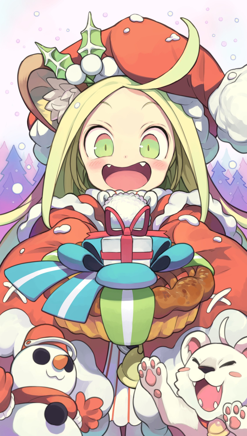1girl :3 absurdres animal animal_ear_fluff animal_ears bangs bell blush brave_sword_x_blaze_soul capelet christmas_tree closed_eyes collar constricted_pupils dress fangs food forehead fur-trimmed_capelet fur_trim gift green_eyes happy hat highres holding holding_food holding_gift holly_hat_ornament incoming_gift lion_ears lion_girl lionheart_(brave_sword_x_blaze_soul) looking_at_viewer morino_hon neck_bell open_mouth parted_bangs pie pom_pom_(clothes) raised_eyebrows red_capelet red_collar red_headwear santa_hat sleeves_past_fingers sleeves_past_wrists slit_pupils smile snow snowing snowman solo upper_body very_long_sleeves wide_sleeves