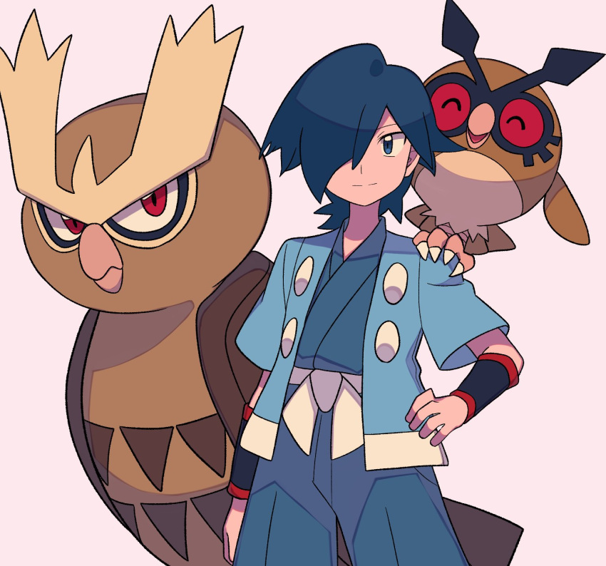 1boy bangs bird black_wristband blue_eyes blue_hair blue_jacket blue_kimono closed_mouth commentary_request cowboy_shot evolutionary_line falkner_(pokemon) hair_over_one_eye hand_on_hip haori highres hoothoot jacket japanese_clothes kimono male_focus noctowl on_shoulder open_clothes open_jacket pokemon pokemon_(creature) pokemon_(game) pokemon_hgss pokemon_on_shoulder sash short_sleeves smile split_mouth tyako_089 white_background wristband