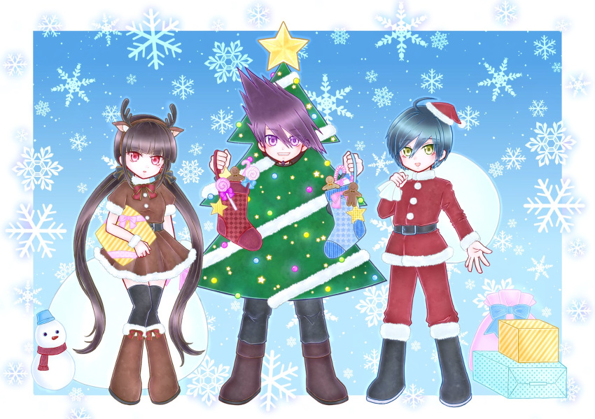 1girl 2boys :d ahoge antlers bangs belt black_belt black_pants black_thighhighs boots bow bowtie brown_hair christmas_tree_costume danganronpa_(series) danganronpa_v3:_killing_harmony dress fake_antlers food full_body fur-trimmed_dress fur-trimmed_headwear fur-trimmed_jacket fur_collar fur_trim gift harukawa_maki hat highres hio_(sakana_ice_fish) holding holding_sack jacket knee_boots long_hair low_twintails mole mole_under_eye momota_kaito multiple_boys open_mouth orange_eyes pants purple_hair red_bow red_bowtie red_dress red_eyes red_footwear red_headwear red_jacket red_pants reindeer_antlers sack saihara_shuuichi santa_boots santa_costume santa_dress santa_hat shiny shiny_hair shoes smile snowball snowflake_print socks spiked_hair star_(symbol) thighhighs twintails