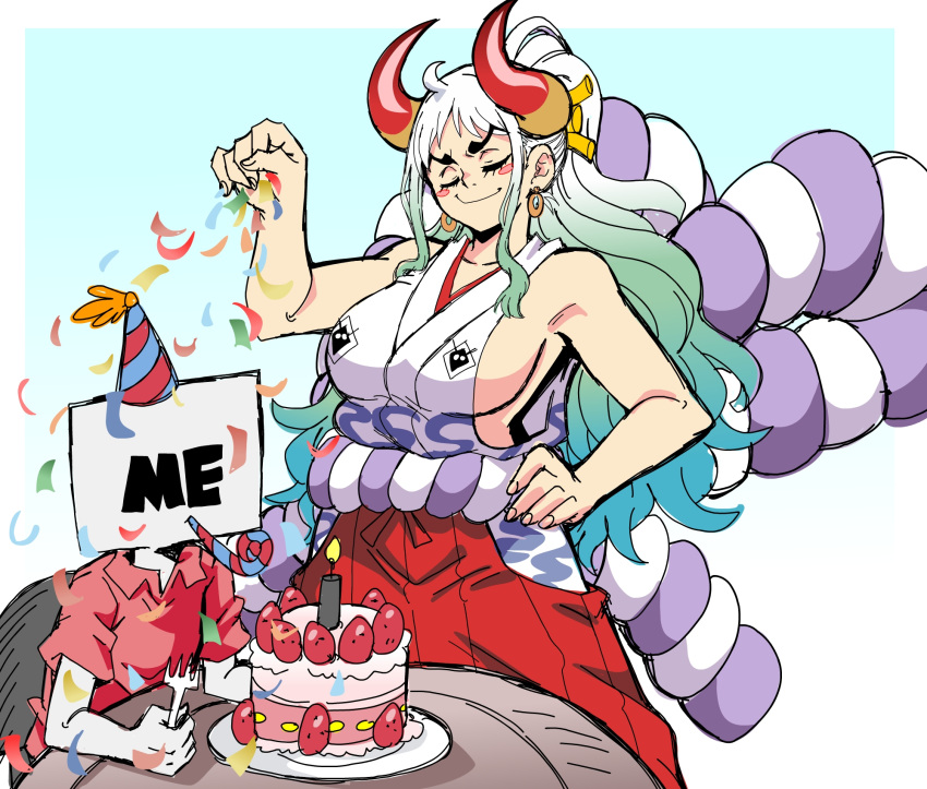 1girl 1other ahoge aqua_hair artist_self-insert bare_arms bare_shoulders birthday_cake blush_stickers breasts cake candle closed_eyes closed_mouth confetti curled_horns earrings fingernails food fork fruit gradient_hair grey_hair hair_ornament hair_stick hakama hand_on_hip hand_up hat height_difference highres holding holding_fork horns huge_breasts japanese_clothes jewelry kimono lewdamone long_hair multicolored_hair multicolored_horns one_piece oni party_hat red_horns rope shimenawa shirt short_sleeves sideboob sleeveless sleeveless_kimono smile strawberry table tall_female v-shaped_eyebrows very_long_hair white_hair yamato_(one_piece) yellow_horns