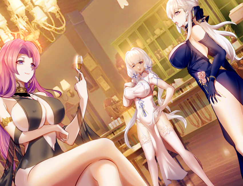 3girls alternate_costume arm_under_breasts azur_lane bangs belfast_(azur_lane) belfast_(the_noble_attendant)_(azur_lane) black_dress blue_eyes braid breasts broken broken_chain center_opening chain chandelier china_dress chinese_clothes chinese_commentary cocktail_dress covered_nipples criss-cross_halter crossed_legs cup cutout_above_navel dress duke_of_york_(azur_lane) dutch_angle elbow_gloves evening_gown feet_out_of_frame french_braid from_side gloves gosama halterneck hand_on_own_chest highres holding holding_cup huge_breasts illustrious_(azur_lane) illustrious_(maiden_lily's_radiance)_(azur_lane) large_breasts legs light_smile long_hair looking_at_viewer multiple_girls official_alternate_costume one_eye_closed open_mouth parted_bangs pelvic_curtain purple_dress purple_eyes purple_gloves purple_hair reflective_floor see-through short_sleeves sitting sleeveless sleeveless_dress standing thighhighs tri_tails very_long_hair white_dress white_thighhighs