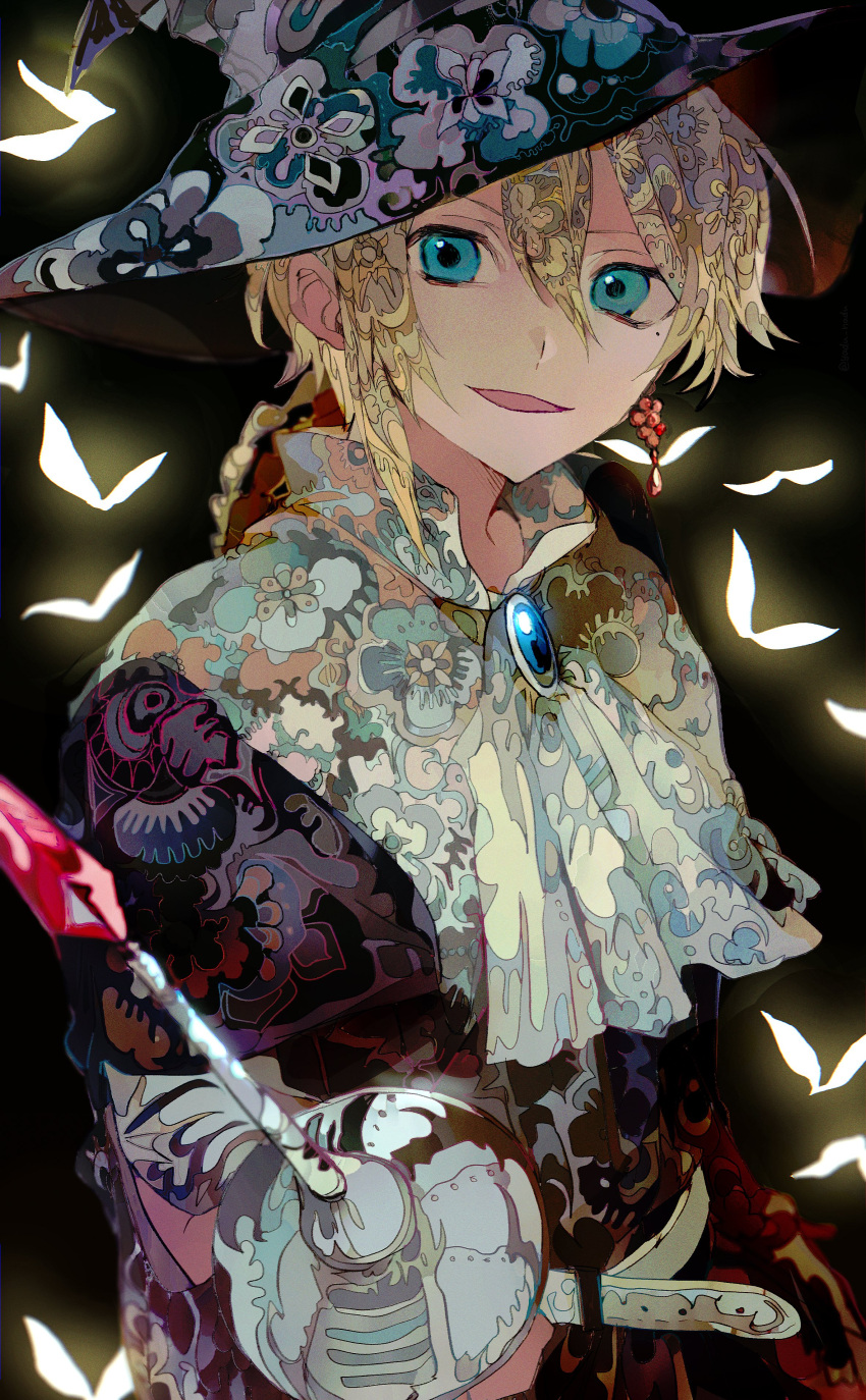 1boy absurdres ascot bangs belt blonde_hair blue_eyes earrings floral_print food fruit grapes hair_between_eyes hat highres holding holding_sword holding_weapon jewelry looking_at_viewer magi_the_labyrinth_of_magic male_focus mole mole_under_eye open_mouth patterned_clothing patterned_hair single_earring solo sword titus_alexius weapon witch_hat yadu_nadu