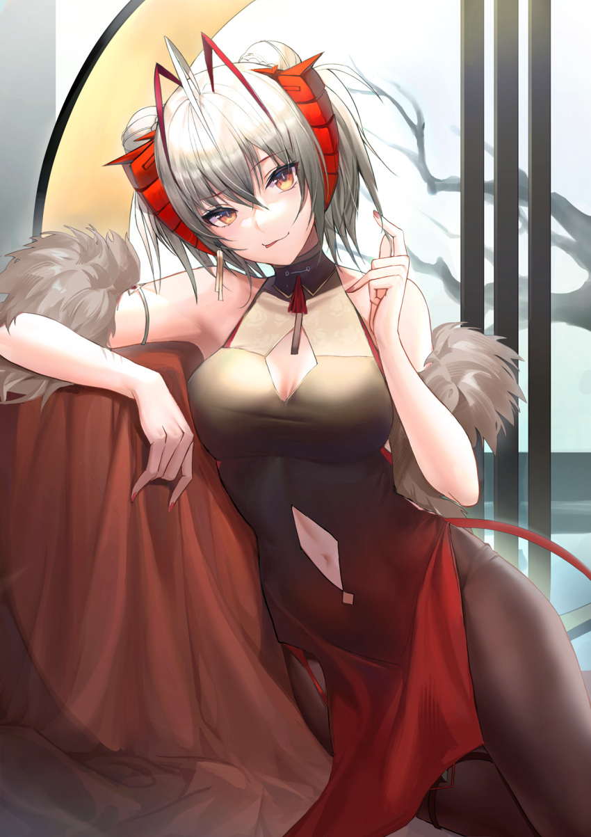 1girl :p ahoge alternate_costume antennae arknights bangs bare_arms bare_shoulders breasts brown_eyes clothing_cutout dress grey_hair hair_between_eyes hand_up highres horns kernel_killer large_breasts looking_at_viewer navel navel_cutout pantyhose revision short_dress short_hair smile solo thighs tongue tongue_out w_(arknights)