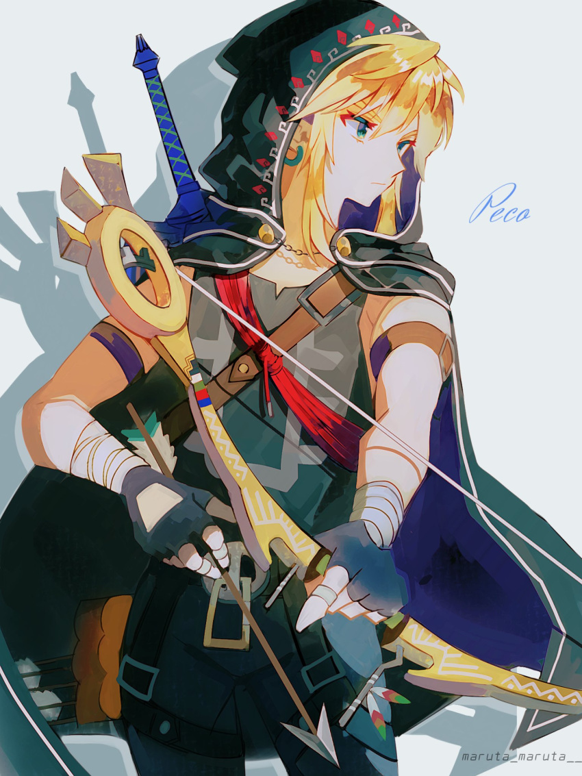 1boy armband arrow_(projectile) artist_name bandaged_arm bandages blonde_hair bow_(weapon) cape cowboy_shot earrings hair_between_eyes highres holding holding_arrow holding_bow_(weapon) holding_weapon hood hood_up hooded_cape jewelry link looking_to_the_side male_focus maruta_maruta medium_hair shirt sidelocks sleeveless sleeveless_shirt solo sword the_legend_of_zelda twitter_username weapon weapon_on_back