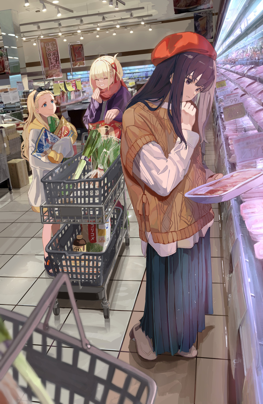 3girls ^_^ absurdres bangs barefoot_sandals basket beret black_hair black_ribbon blonde_hair blue_dress blue_eyes blurry blurry_foreground boots bow_hairband brown_sweater_vest ceiling_light closed_eyes coat commentary_request dress food forehead groceries hair_ribbon hairband hat highres holding holding_food hood hoodie indoors inoue_takina kurumi_(lycoris_recoil) laughing long_hair long_sleeves looking_at_another lycoris_recoil meat multiple_girls nishikigi_chisato photo_background pleated_dress purple_coat purple_eyes reading red_headwear red_ribbon red_scarf ribbon sandals scarf shirasuke_0822 shop shopping_cart short_hair sleeves_past_fingers sleeves_past_wrists smile smug soy_sauce_bottle spring_onion supermarket sweater_vest white_hoodie yellow_hood