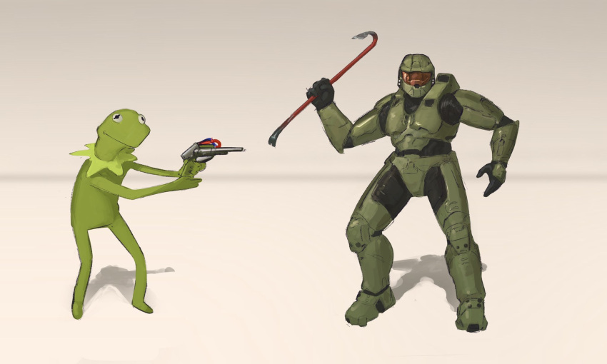 2boys assault_visor black_gloves brown_background cable crossover crowbar english_commentary garry's_mod gloves gun halo_(series) halo_3 helmet highres holding holding_crowbar holding_gun holding_weapon kermit_the_frog looking_at_viewer male_focus master_chief multiple_boys muppets open_hand parody power_armor shadow spartan_(halo) standing tungsten_hale weapon