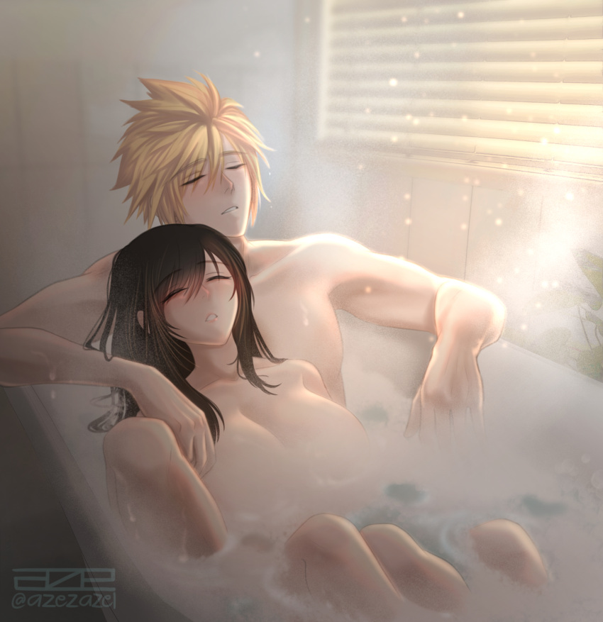 1boy 1girl absurdres artist_name azezazel bangs bath bathing bathroom bathtub black_hair blonde_hair blush breasts closed_eyes cloud_strife collarbone completely_nude convenient_censoring couple english_commentary final_fantasy final_fantasy_vii final_fantasy_vii_remake hetero highres indoors large_breasts long_hair mixed_bathing nude parted_lips plant relaxed sidelocks sitting sitting_on_lap sitting_on_person spiked_hair steam steam_censor sunlight swept_bangs tifa_lockhart twitter_username water wet