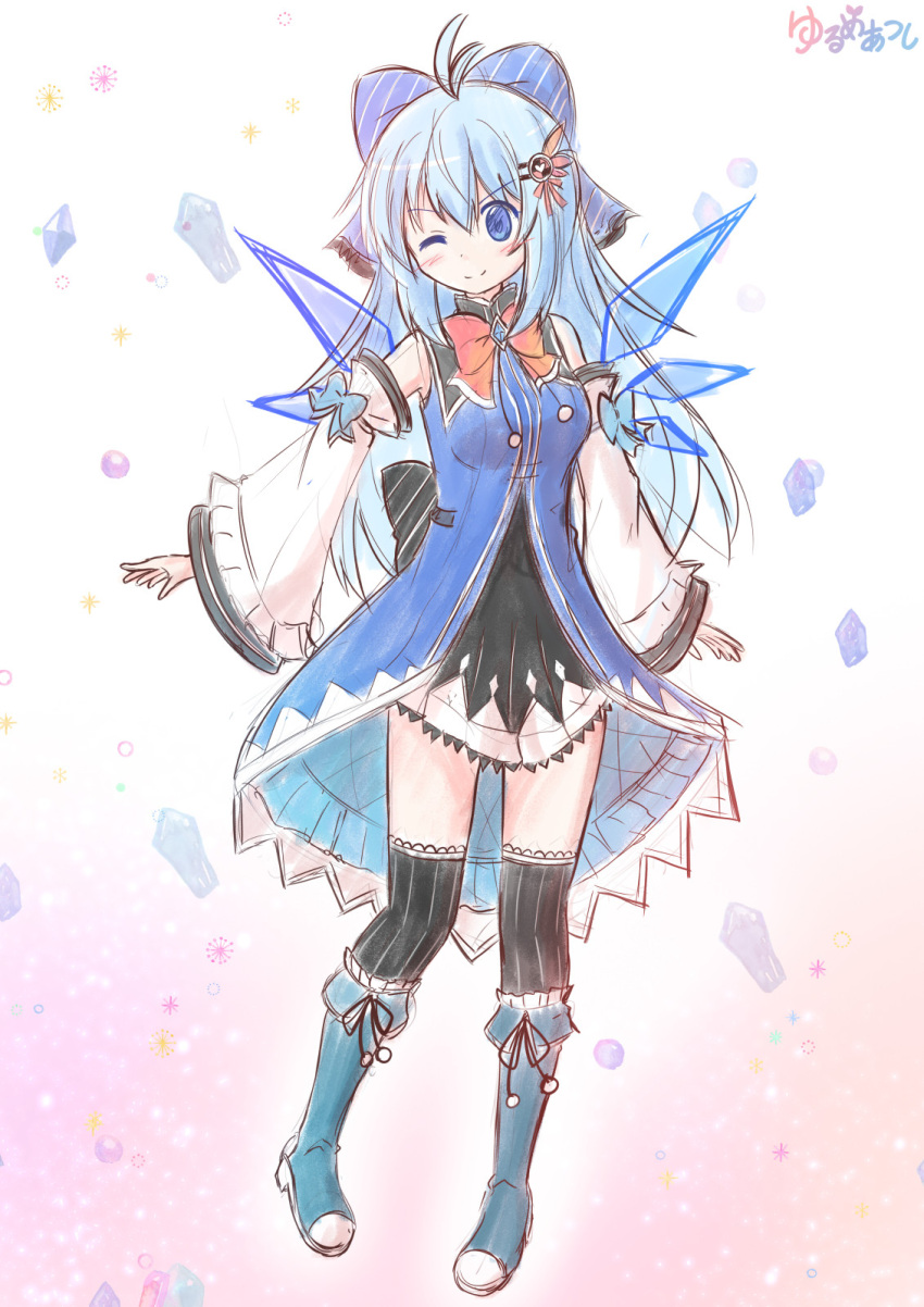 1girl aged_up ahoge alternate_breast_size alternate_costume alternate_hair_length alternate_hairstyle artist_name blue_eyes blue_hair blush boots bow cirno detached_sleeves frilled_thighhighs frills hair_bow hair_ornament highres ice ice_wings long_hair looking_at_viewer one_eye_closed pigeon-toed pleated_skirt signature sketch skirt smile solo thighhighs touhou wings yurume_atsushi