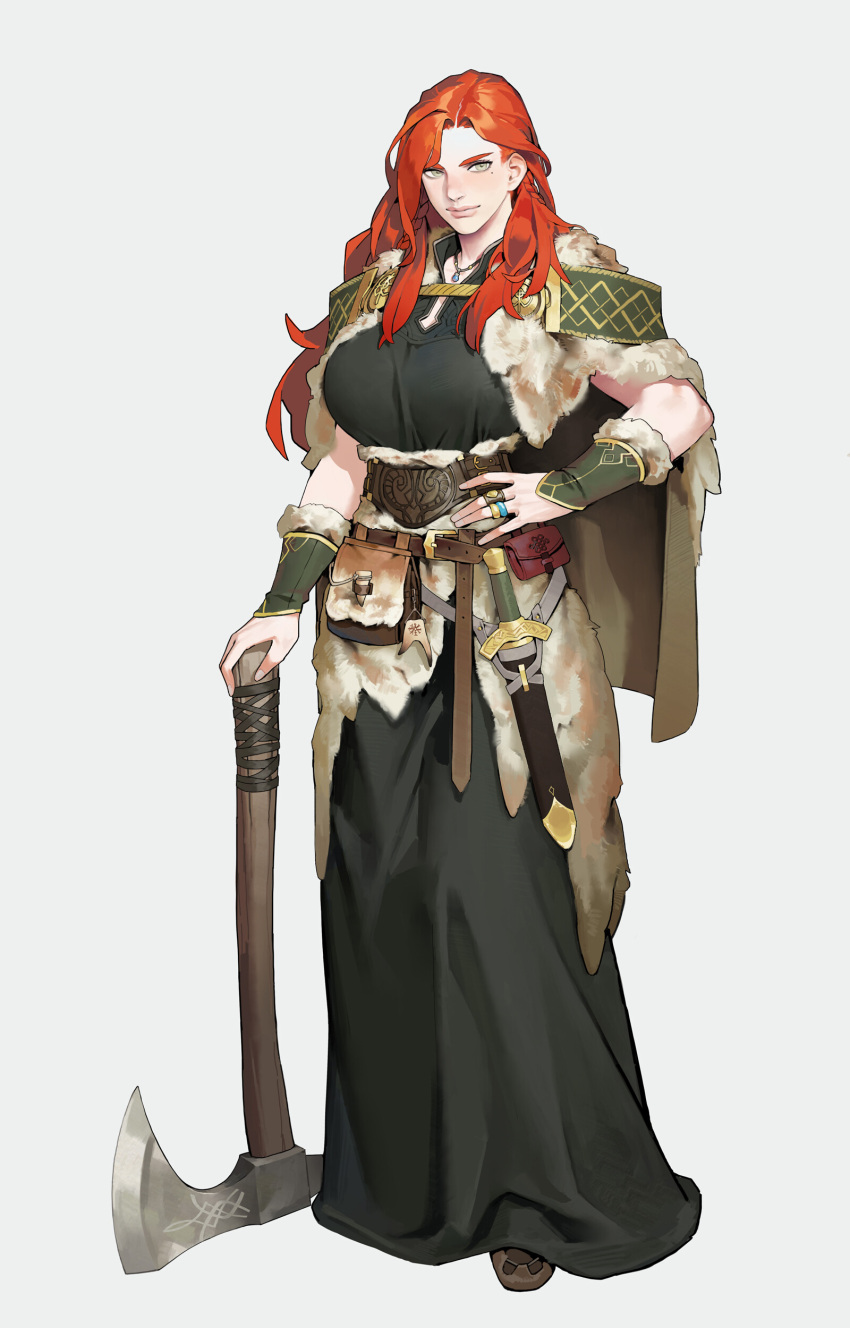 1girl absurdres axe bangs bracer breasts capelet commentary dagger dongho_kang dress english_commentary full_body fur_trim grey_eyes hand_on_hip highres jewelry knife large_breasts long_hair looking_at_viewer necklace original parted_bangs red_hair ring simple_background smile solo standing viking weapon white_background