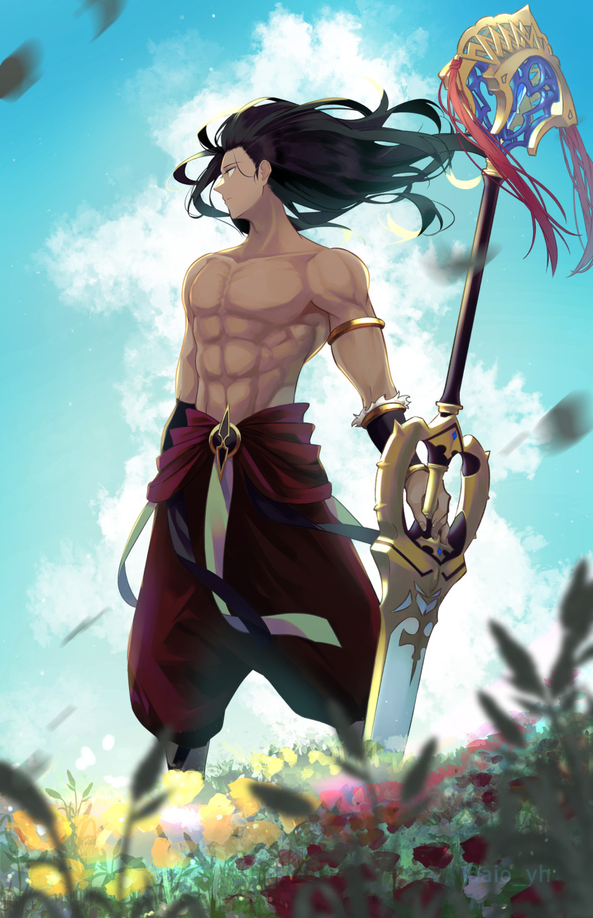 1boy abs absurdres armlet black_hair blue_sky bracelet brown_eyes closed_mouth cloud commentary_request dark-skinned_male dark_skin day fate/grand_order fate_(series) floating_hair flower heracles_(fate) highres holding holding_sword holding_weapon jewelry leaf long_hair looking_away male_focus marmyadose_(fate) muscular muscular_male outdoors pants plant profile red_flower red_pants shin'ya_(yukiura) sky solo sword topless_male weapon white_flower yellow_flower