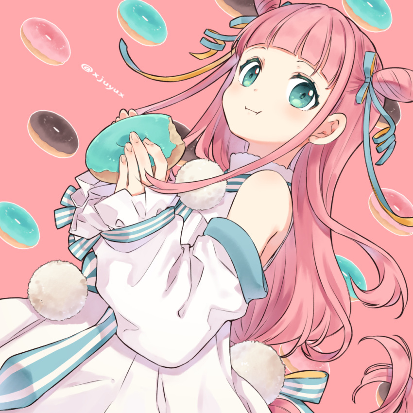 1girl artist_name bangs blue_eyes blue_ribbon blush chinese_commentary detached_sleeves double_bun doughnut dress eating food from_side hair_behind_ear hair_bun hair_ribbon holding holding_food jiyuu_(xjuyux) long_hair looking_at_viewer orange_ribbon original pink_background pink_hair pom_pom_(clothes) ribbon sleeves_past_wrists smile solo two-sided_ribbon very_long_hair white_dress