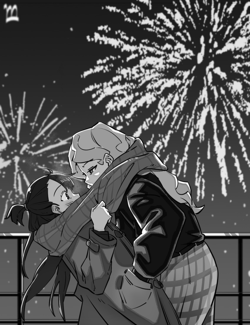 2girls blush diana_cavendish eye_contact fireworks greyscale hand_in_another's_pocket highres kagari_atsuko little_witch_academia long_hair looking_at_another mmmmpymm monochrome multiple_girls outdoors scarf shared_clothes shared_scarf yuri