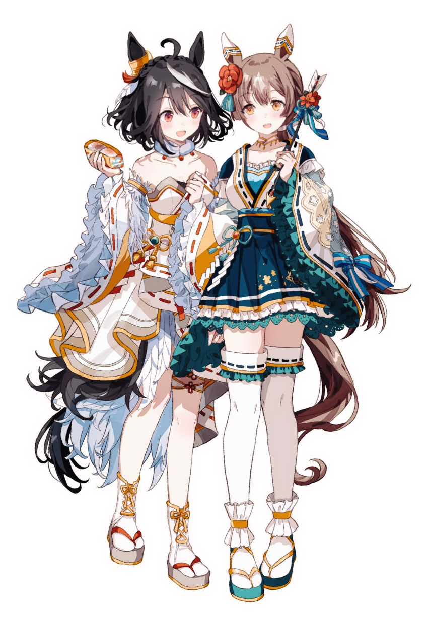 2girls :d ahoge animal_ears arrow_(projectile) bare_shoulders black_hair brown_eyes brown_hair detached_sleeves flower frilled_skirt frilled_sleeves frills full_body geta gocoli hair_flower hair_ornament hamaya happy_new_future_(umamusume) highres holding holding_arrow horse_ears horse_girl horse_tail kitasan_black_(jubilant_star_auspicious_crane)_(umamusume) kitasan_black_(umamusume) long_hair low_ponytail multicolored_hair multiple_girls official_alternate_costume pleated_skirt red_eyes satono_diamond_(floral_star_prosperous_green)_(umamusume) satono_diamond_(umamusume) short_hair simple_background skirt smile streaked_hair tail thighhighs two-tone_hair umamusume very_long_hair white_background white_hair white_thighhighs wide_sleeves