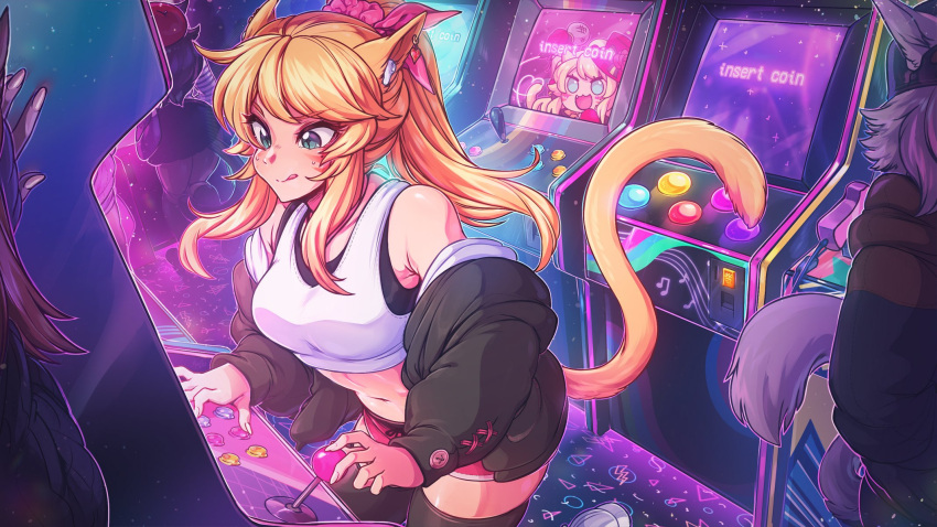 3girls :q animal_ears arcade arcade_cabinet bangs bare_shoulders black_jacket black_thighhighs breasts cat_ears cat_girl cat_tail earphones earrings facial_mark hair_ornament heart heart_earrings highres indoors jacket jewelry large_breasts leaning_forward long_sleeves merunyaa multiple_girls nail_polish navel off_shoulder open_clothes open_jacket original pink_shorts playing_games ponytail shorts skirt slit_pupils solo_focus stomach sweat tail thighhighs tongue tongue_out whisker_markings