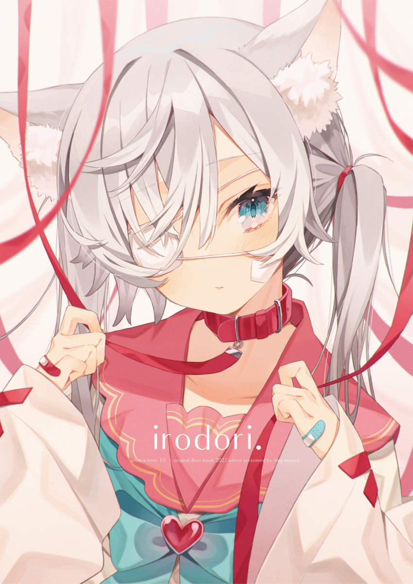 1girl animal_ear_fluff animal_ears bandaid bandaid_on_hand bangs blue_bow blue_eyes bow cat_ears closed_mouth collar collarbone comiket_101 commentary_request eyepatch grey_background grey_hair hair_between_eyes heart highres long_sleeves looking_at_viewer medical_eyepatch minasenagi original pink_sailor_collar red_collar red_ribbon ribbon sailor_collar school_uniform serafuku shirt simple_background sleeves_past_wrists solo white_shirt wide_sleeves